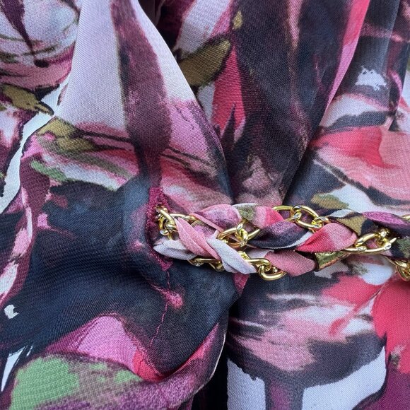 Thalia Sodi One Shoulder Floral Dress Ruffle Overlay Belted Cocktail Midi M - Picture 6 of 7